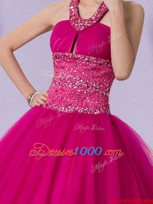 Superior Halter Top Fuchsia Sleeveless Beading Floor Length Quinceanera Dresses