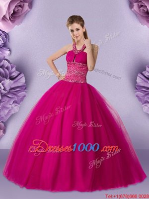 Superior Halter Top Fuchsia Sleeveless Beading Floor Length Quinceanera Dresses