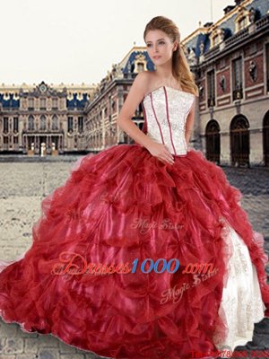 Hot Selling Red Tulle Lace Up Strapless Sleeveless Floor Length 15th Birthday Dress Beading and Pick Ups