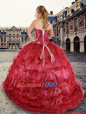 Hot Selling Red Tulle Lace Up Strapless Sleeveless Floor Length 15th Birthday Dress Beading and Pick Ups