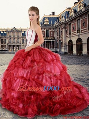 Hot Selling Red Tulle Lace Up Strapless Sleeveless Floor Length 15th Birthday Dress Beading and Pick Ups