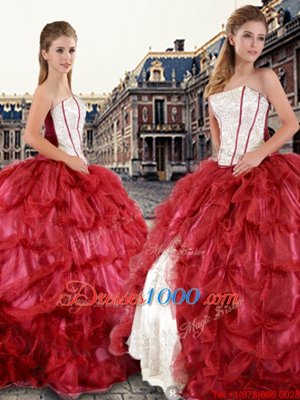 Hot Selling Red Tulle Lace Up Strapless Sleeveless Floor Length 15th Birthday Dress Beading and Pick Ups