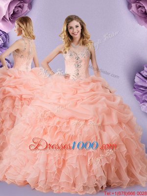 Exquisite Straps Sleeveless Sweet 16 Dresses Floor Length Beading and Ruffles and Pick Ups Peach Organza