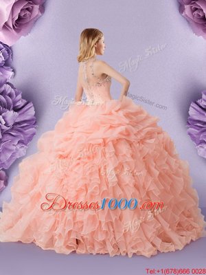 Exquisite Straps Sleeveless Sweet 16 Dresses Floor Length Beading and Ruffles and Pick Ups Peach Organza