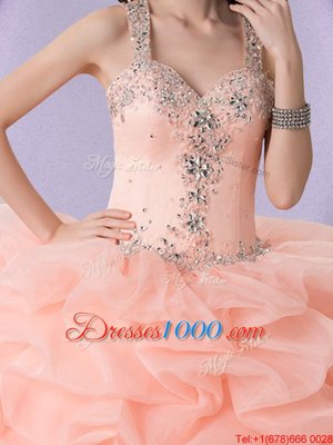 Exquisite Straps Sleeveless Sweet 16 Dresses Floor Length Beading and Ruffles and Pick Ups Peach Organza