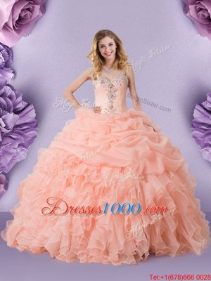 Exquisite Straps Sleeveless Sweet 16 Dresses Floor Length Beading and Ruffles and Pick Ups Peach Organza