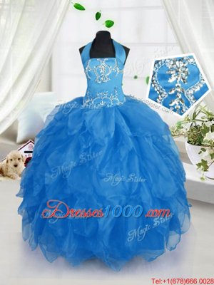 Beauteous Halter Top Baby Blue Organza Lace Up Juniors Party Dress Sleeveless Floor Length Appliques and Ruffles