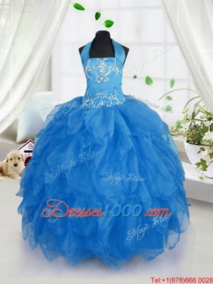 Beauteous Halter Top Baby Blue Organza Lace Up Juniors Party Dress Sleeveless Floor Length Appliques and Ruffles