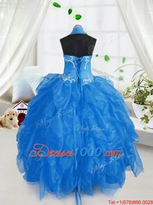 Beauteous Halter Top Baby Blue Organza Lace Up Juniors Party Dress Sleeveless Floor Length Appliques and Ruffles