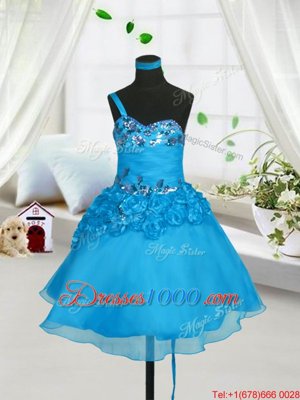 Fantastic Baby Blue A-line Beading and Hand Made Flower Kids Pageant Dress Lace Up Organza Sleeveless Knee Length