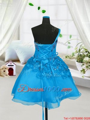 Fantastic Baby Blue A-line Beading and Hand Made Flower Kids Pageant Dress Lace Up Organza Sleeveless Knee Length