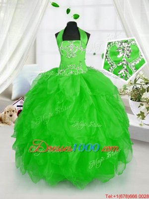 Simple Floor Length Kids Pageant Dress Halter Top Sleeveless Lace Up