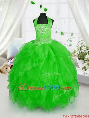 Simple Floor Length Kids Pageant Dress Halter Top Sleeveless Lace Up