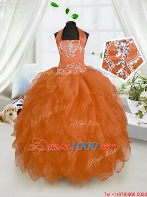 Halter Top Floor Length Ball Gowns Sleeveless Orange Red Child Pageant Dress Lace Up
