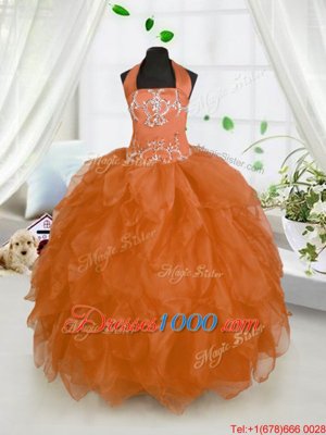 Halter Top Floor Length Ball Gowns Sleeveless Orange Red Child Pageant Dress Lace Up