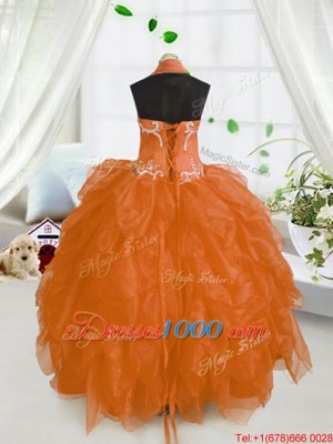 Halter Top Floor Length Ball Gowns Sleeveless Orange Red Child Pageant Dress Lace Up
