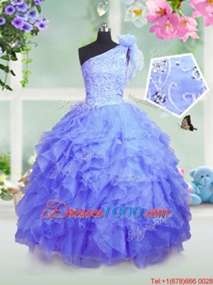 Beautiful One Shoulder Beading and Ruffles Little Girls Pageant Dress Blue Lace Up Sleeveless Floor Length