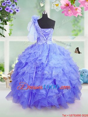 Beautiful One Shoulder Beading and Ruffles Little Girls Pageant Dress Blue Lace Up Sleeveless Floor Length