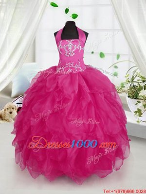 Trendy Halter Top Organza Sleeveless Floor Length Little Girls Pageant Dress and Appliques and Ruffles