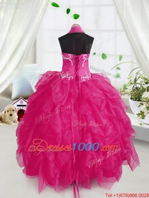 Trendy Halter Top Organza Sleeveless Floor Length Little Girls Pageant Dress and Appliques and Ruffles