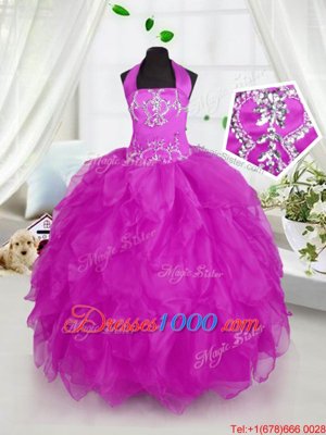Admirable Halter Top Sleeveless Little Girls Pageant Gowns Floor Length Appliques and Ruffles Purple Organza