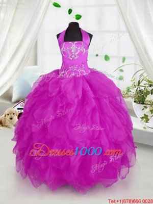 Admirable Halter Top Sleeveless Little Girls Pageant Gowns Floor Length Appliques and Ruffles Purple Organza