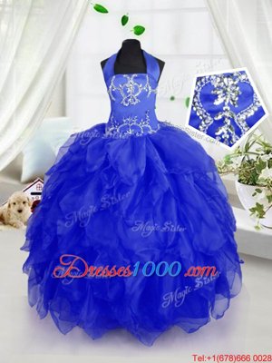 Perfect Royal Blue Ball Gowns Halter Top Sleeveless Organza Floor Length Lace Up Appliques and Ruffles Kids Formal Wear