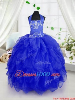 Perfect Royal Blue Ball Gowns Halter Top Sleeveless Organza Floor Length Lace Up Appliques and Ruffles Kids Formal Wear