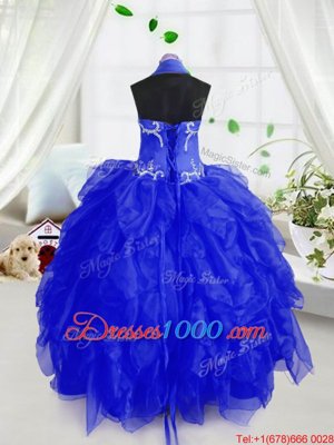 Perfect Royal Blue Ball Gowns Halter Top Sleeveless Organza Floor Length Lace Up Appliques and Ruffles Kids Formal Wear