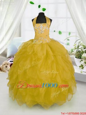 Halter Top Sleeveless Party Dress Floor Length Beading and Ruffles Gold Organza