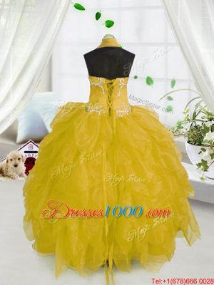 Halter Top Sleeveless Party Dress Floor Length Beading and Ruffles Gold Organza