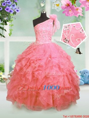 One Shoulder Floor Length Watermelon Red Kids Formal Wear Organza Sleeveless Beading and Ruffles