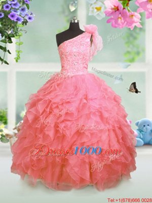 One Shoulder Floor Length Watermelon Red Kids Formal Wear Organza Sleeveless Beading and Ruffles