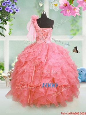 One Shoulder Floor Length Watermelon Red Kids Formal Wear Organza Sleeveless Beading and Ruffles