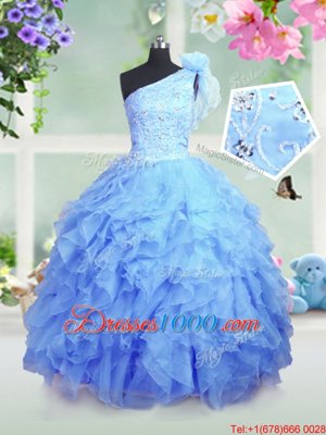 Baby Blue Lace Up One Shoulder Beading and Ruffles Pageant Gowns For Girls Organza Sleeveless