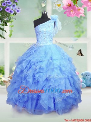 Baby Blue Lace Up One Shoulder Beading and Ruffles Pageant Gowns For Girls Organza Sleeveless