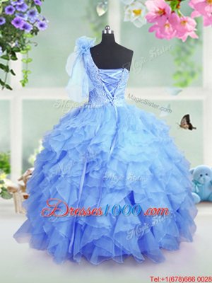 Baby Blue Lace Up One Shoulder Beading and Ruffles Pageant Gowns For Girls Organza Sleeveless