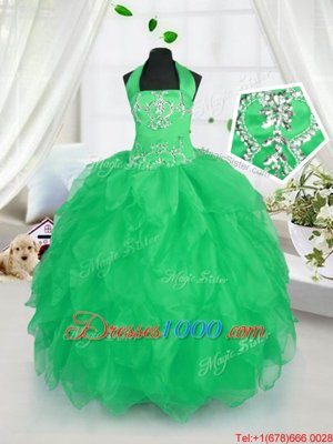 Attractive Halter Top Apple Green Lace Up Pageant Gowns For Girls Appliques and Ruffles Sleeveless Floor Length