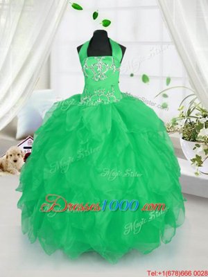 Attractive Halter Top Apple Green Lace Up Pageant Gowns For Girls Appliques and Ruffles Sleeveless Floor Length