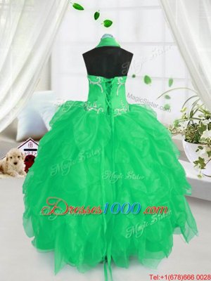 Attractive Halter Top Apple Green Lace Up Pageant Gowns For Girls Appliques and Ruffles Sleeveless Floor Length
