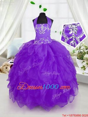 Graceful Halter Top Floor Length Ball Gowns Sleeveless Purple Kids Formal Wear Lace Up