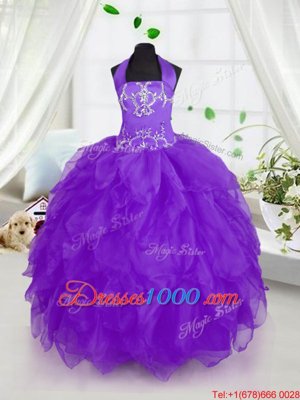 Graceful Halter Top Floor Length Ball Gowns Sleeveless Purple Kids Formal Wear Lace Up