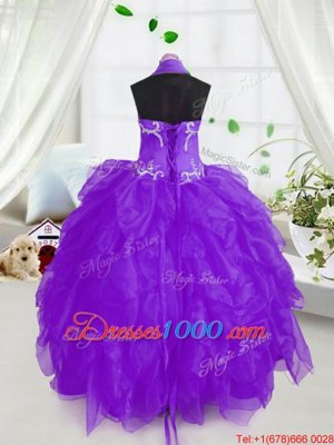 Graceful Halter Top Floor Length Ball Gowns Sleeveless Purple Kids Formal Wear Lace Up