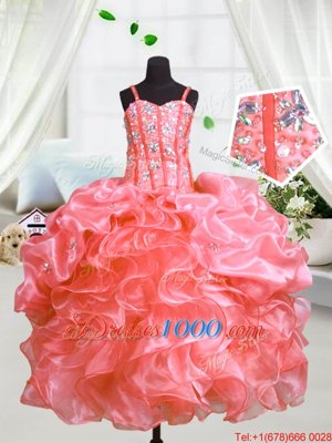 Ball Gowns Kids Formal Wear Watermelon Red Spaghetti Straps Organza Sleeveless Floor Length Lace Up