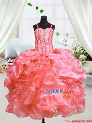 Ball Gowns Kids Formal Wear Watermelon Red Spaghetti Straps Organza Sleeveless Floor Length Lace Up