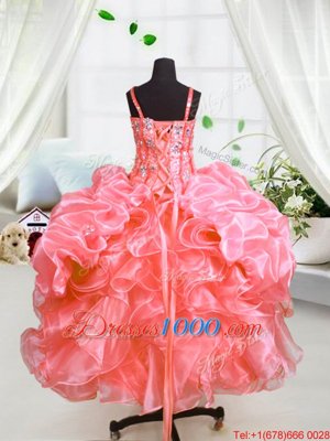Ball Gowns Kids Formal Wear Watermelon Red Spaghetti Straps Organza Sleeveless Floor Length Lace Up