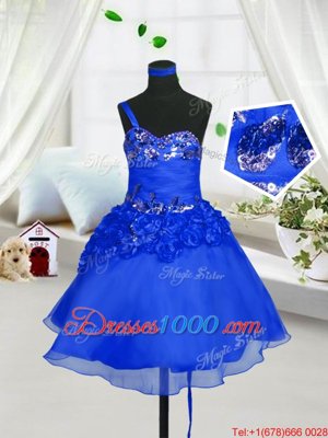 Top Selling Blue Organza Lace Up Little Girl Pageant Dress Sleeveless Knee Length Beading and Hand Made Flower