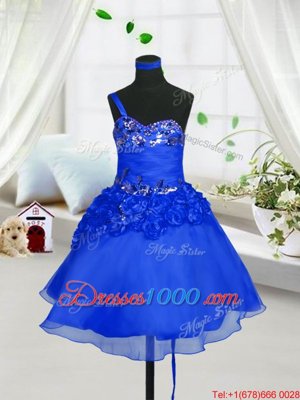 Top Selling Blue Organza Lace Up Little Girl Pageant Dress Sleeveless Knee Length Beading and Hand Made Flower