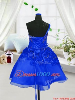Top Selling Blue Organza Lace Up Little Girl Pageant Dress Sleeveless Knee Length Beading and Hand Made Flower