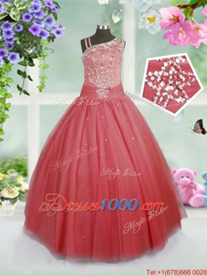 Watermelon Red Sleeveless Floor Length Beading Side Zipper Little Girls Pageant Dress Wholesale